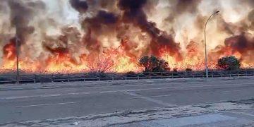 Un espectacular incendi de vegetació obliga a confinar dos empreses del polígon i el poble de Campredó
