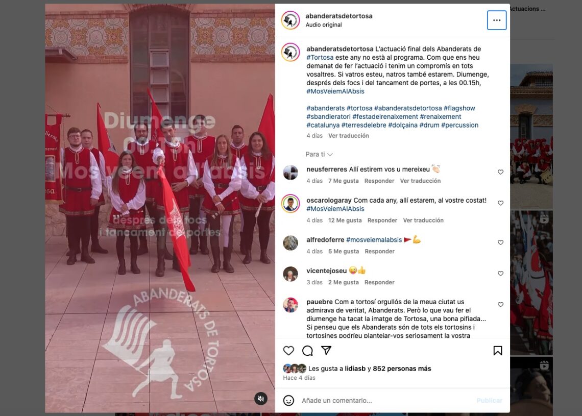 Els Abanderats tenien permís per tancar la Festa del Renaixement abans de llançar la campanya ‘Mos Veiem a l’Absis’