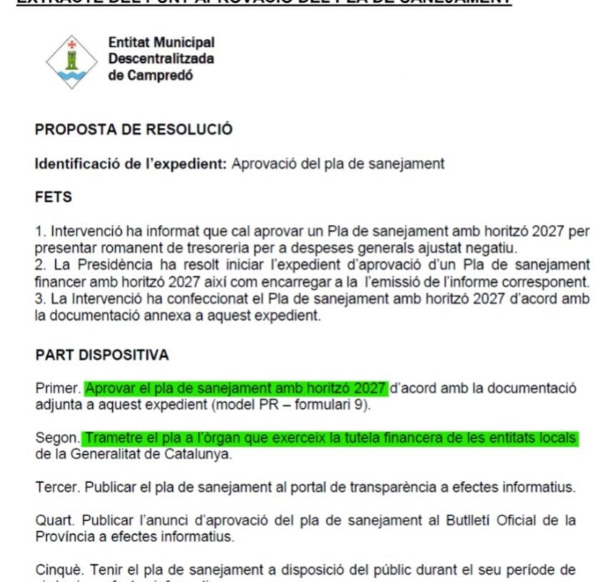 Junts per Campredó reitera que les finances de l’EMD estan tutelades per la Generalitat