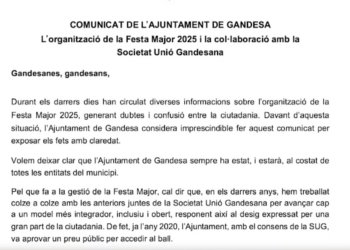 Retrets entre la Societat Unió Gandesana i l’Ajuntament per l’organització de la festa major